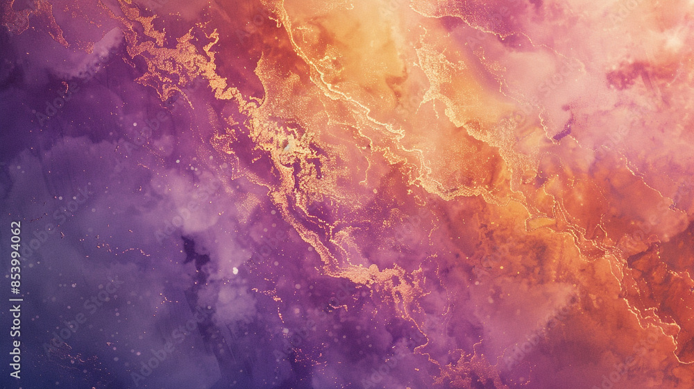 Obraz premium Paint an ethereal watercolor with fluid textures in purple, orange, ochre, and gold, creating a calm atmosphere
