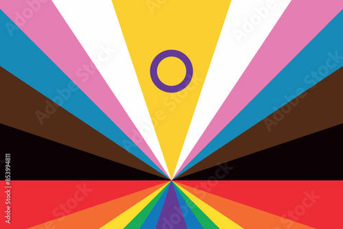 Intersex Progress Pride flag radial stripes. New LGBTQ Pride Flag. New  Updated Intersex Inclusive Progress Pride Flag. Banner Flag for LGBT, LGBTQ or LGBTQIA plus Pride. Vector illustration