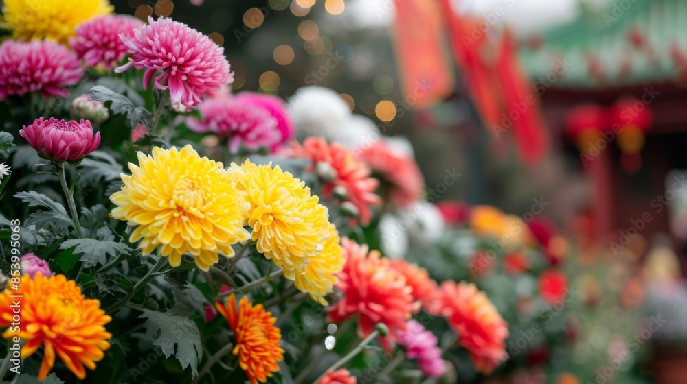 Close-up shot of vibrant chrysanthemums in full bloom, with blurred background of Chinese temple. Beautifully arranged flowers display natures colors. Close-up shot of vibrant chrysanthemums in full bloom, with blurred background of Chinese temple. Beautifully arranged flowers display natures colors.