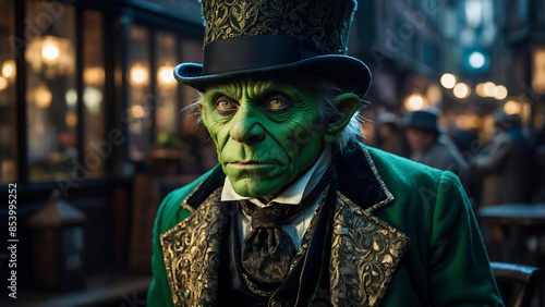 Reflective Chromatic Goblin in Neo-Victorian Metropolis