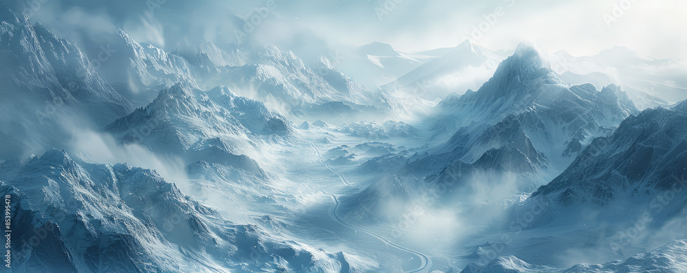 Obraz premium Alpine glacier snaking through rugged mountain terrain, icy wilderness, glacial majesty, polar landscape.