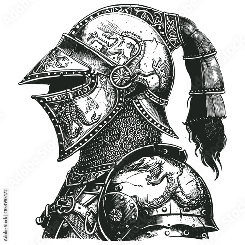 Medieval knight head in armour helmet, vector