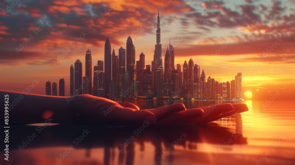 Obraz premium Dubai city, United Arab Emirates In the concept of magical cities on earth at sunrise