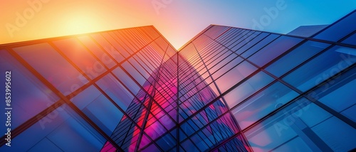 Buildings with tall glass windows as they are sky up,low-angle, highly detailed cityscapes