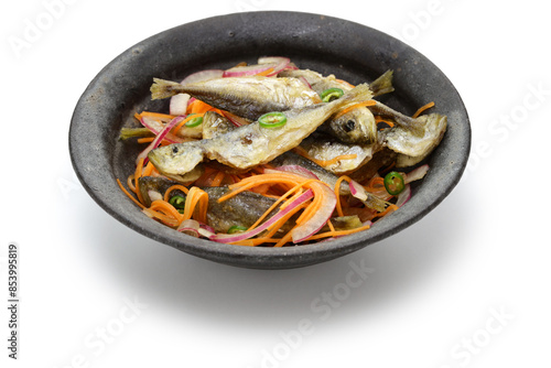 Small horse mackerel escabeche. Fried and marinated fish.
