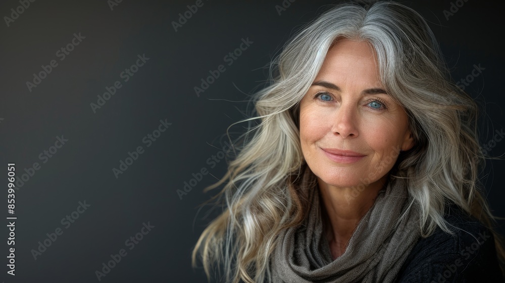 A serene mature woman with striking gray hair and a kind, gentle smile against a dark backdrop A serene mature woman with striking gray hair and a kind, gentle smile against a dark backdrop