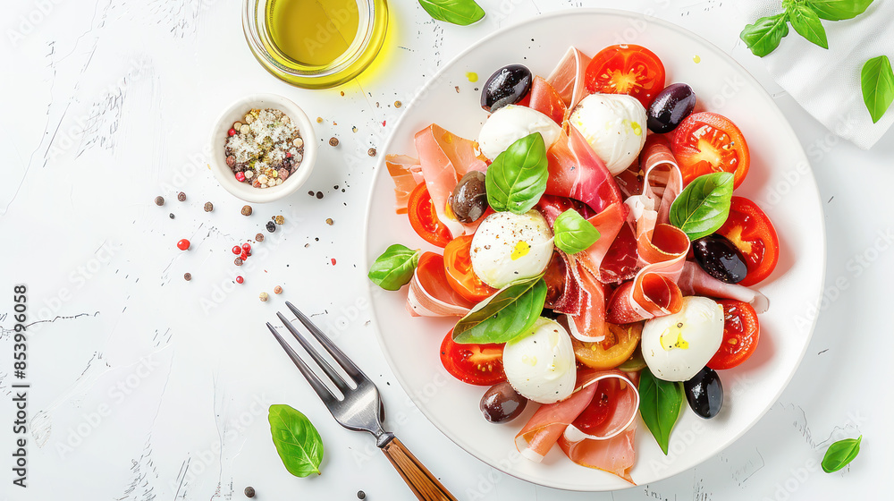 Fresh Italian salad with mozzarella, prosciutto, tomatoes, olives, and basil leaves on a white plate. Fresh Italian salad with mozzarella, prosciutto, tomatoes, olives, and basil leaves on a white plate.