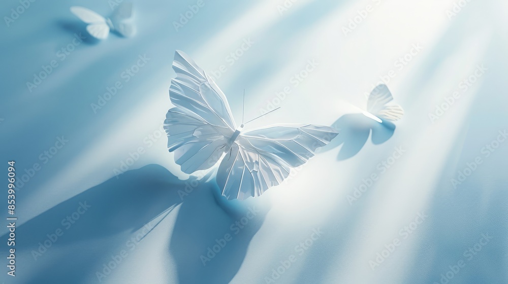 Fototapeta premium Blue and white 3D butterfly art on a minimalistic poster background, with delicate shadows for a lifelike appearance