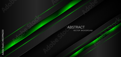 Abstract black and green polygon with green glow lines on dark steel mesh background with free space for design. modern technology innovation concept background	