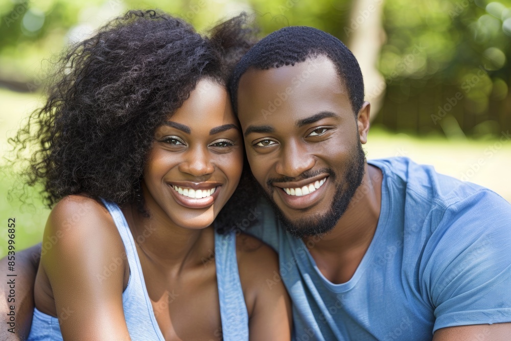Beautiful smiling couple embracing in a sunny park Beautiful smiling couple embracing in a sunny park