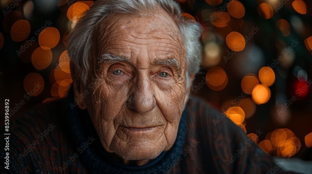 Aged man with deep wrinkles and a serene holiday expression in front of Christmas lights