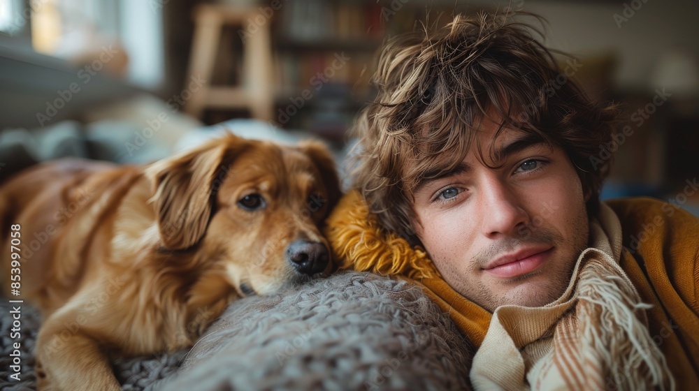 The photo shows a young man and his dog lying together on a gray knitted blanket The photo shows a young man and his dog lying together on a gray knitted blanket