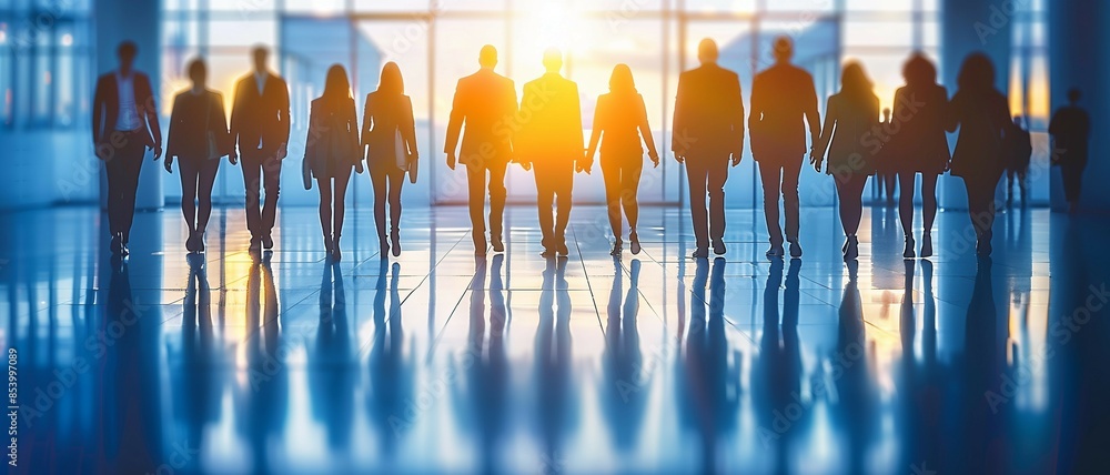 Silhouettes of business people walking in an airport, blue background, blurred motion. Silhouettes of business people walking in an airport, blue background, blurred motion.