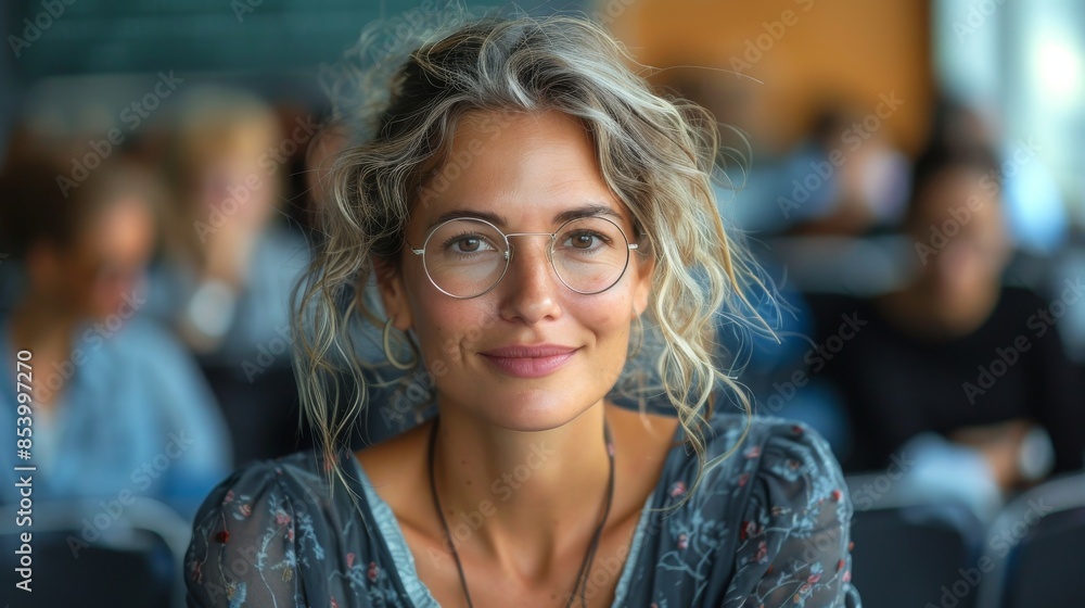 A relaxed young woman with curly hair, wearing glasses, smiles softly A relaxed young woman with curly hair, wearing glasses, smiles softly
