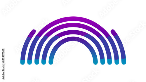Semi-circular stylized graphic with blue to purple bands that create gradient effect.Curves are arranged in such a way that the colors create an impression of depth,against a transparent background.AI