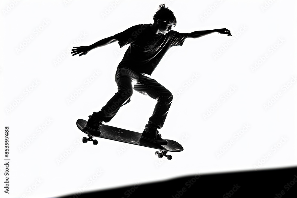 A man is doing a trick on a skateboard. The image is in black and white and the man is the only visible object. Scene is energetic and exciting
