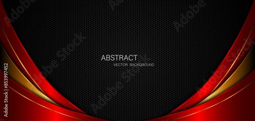 Abstract red and golden curves with golden lines on dark steel mesh background. with free space for design. modern technology innovation concept background