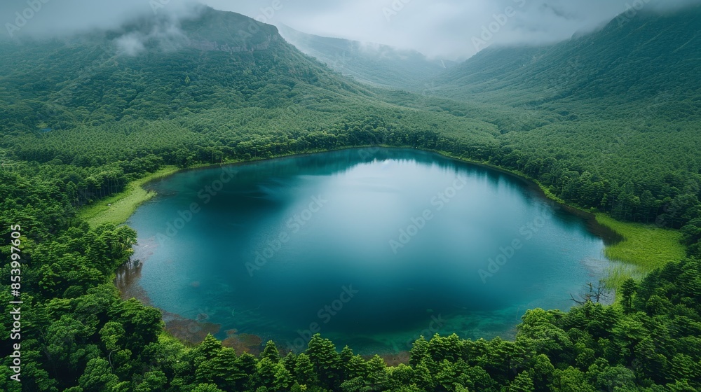 Misty mountain scene reflected in the still waters of a serene lake Misty mountain scene reflected in the still waters of a serene lake