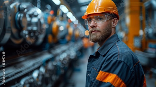 Male worker in orange hard hat with a confident stance in factory