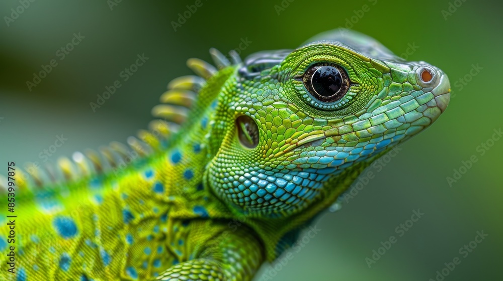 Fototapeta premium Close-up photo of a vibrant green lizard with striking blue scales and detailed texture