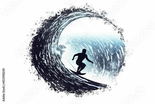 A man is surfing a wave in the ocean. The image has a dynamic and energetic mood, as the man is riding the wave with skill and determination. The ocean and the wave create a sense of movement