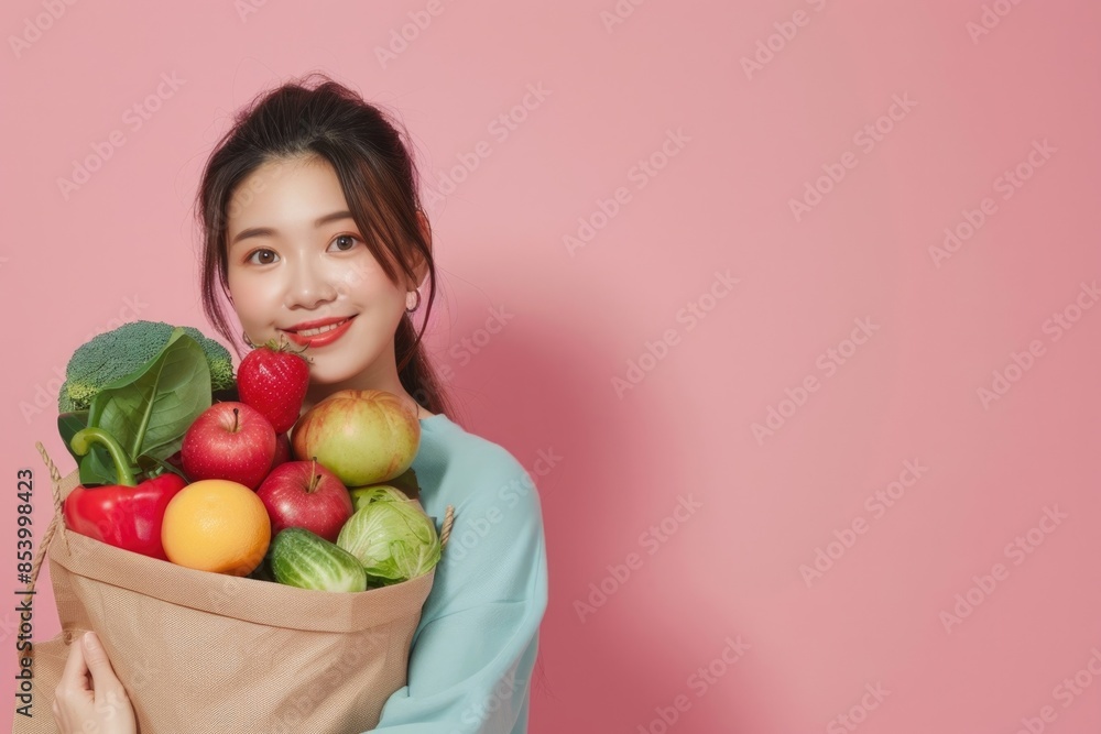 Young Asian woman with full shopping bag on pink background Young Asian woman with full shopping bag on pink background