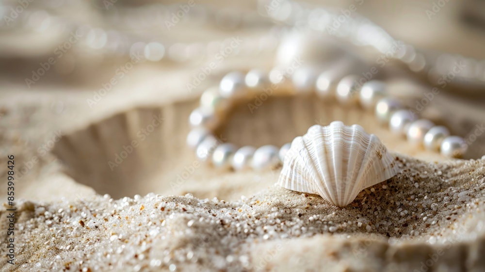 Close-up of seashell and pearl bracelet on sandy beach Close-up of seashell and pearl bracelet on sandy beach