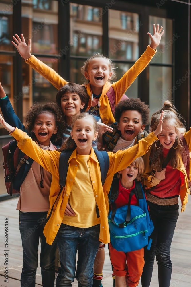 Fototapeta premium Excited Schoolchildren Pose Back to School