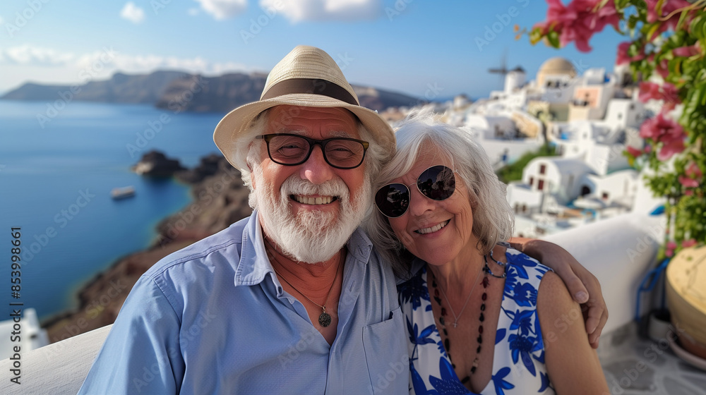Portrait of a happy retired elderly couple on vacation in Greece. Retirement and travel concept. Portrait of a happy retired elderly couple on vacation in Greece. Retirement and travel concept.