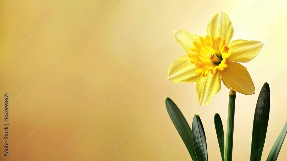 Obraz premium Single yellow daffodil blossom with green leaves on beige background