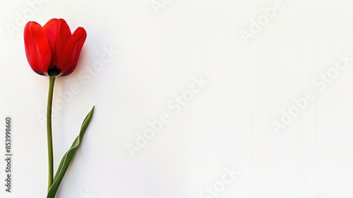 Single red tulip with green stem and leaves on white background