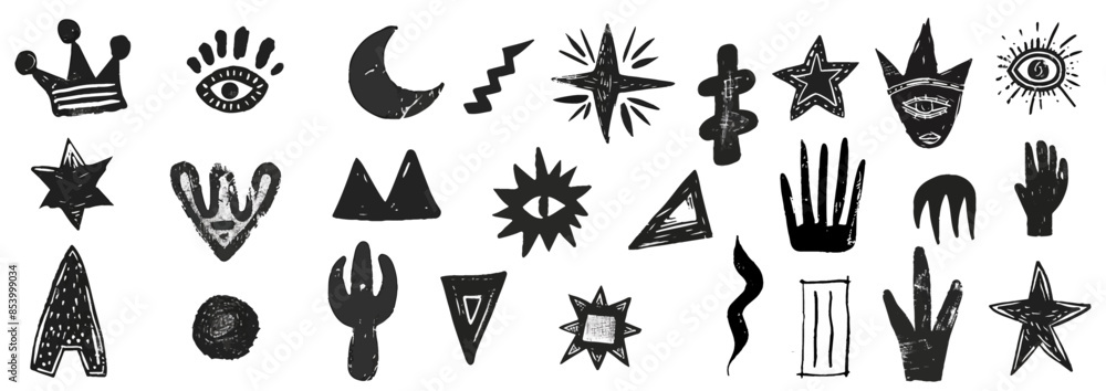 Handdrawn grungy punk linocut shapes, retro naive groovy icons. Charcoal marker scribble elements - geometric shapes, eye, crown, star, flower. Vector illustration of crayon pencil lino doodles Handdrawn grungy punk linocut shapes, retro naive groovy icons. Charcoal marker scribble elements - geometric shapes, eye, crown, star, flower. Vector illustration of crayon pencil lino doodles