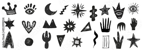 Handdrawn grungy punk linocut shapes, retro naive groovy icons. Charcoal marker scribble elements - geometric shapes, eye, crown, star, flower. Vector illustration of crayon pencil lino doodles 