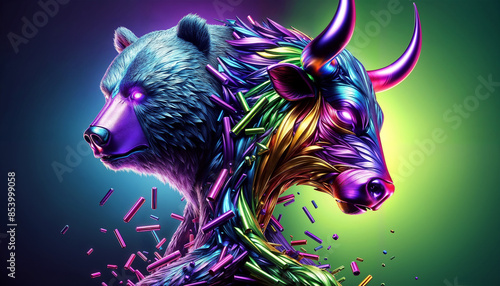 Neon digital artwork of bear and bull symbolizing markets and economy with vibrant colors photo