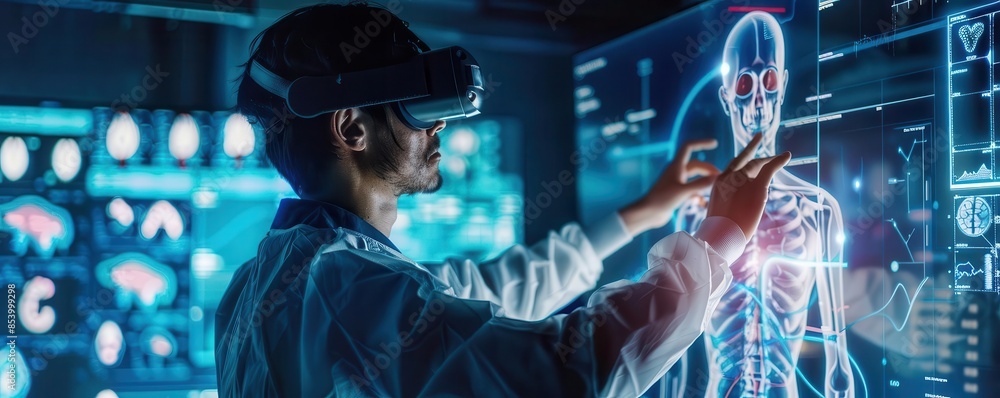 Fototapeta premium A healthcare worker using an augmented reality headset to visualize patient anatomy in a virtual space, futuristic, vibrant, medical illustration, interactive