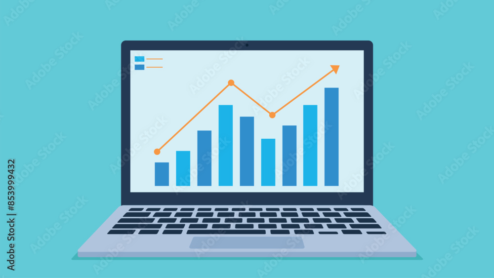 Vector graphics of a laptop with a graph with data on the screen. The graph shows the growth of investments. Flat style graphics. Vector graphics of a laptop with a graph with data on the screen. The graph shows the growth of investments. Flat style graphics.