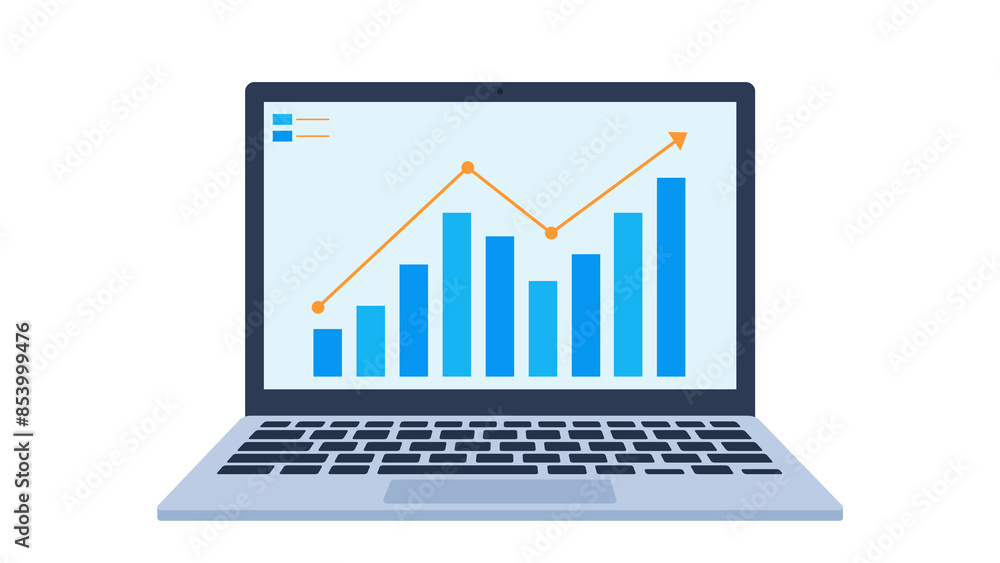 Graphics of a laptop with a graph with data on the screen. The graph shows the growth of investments. Flat style graphics. Graphics of a laptop with a graph with data on the screen. The graph shows the growth of investments. Flat style graphics.