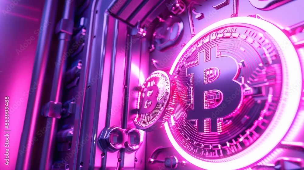 Cryptocurrency symbols emerging from a glowing digital vault, neon colors, high detail, futuristic, metallic textures Cryptocurrency symbols emerging from a glowing digital vault, neon colors, high detail, futuristic, metallic textures