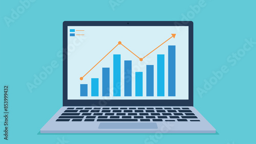 Vector graphics of a laptop with a graph with data on the screen. The graph shows the growth of investments. Flat style graphics.