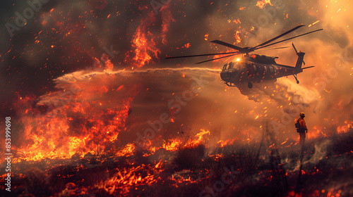 A dramatic scene of a wildfire with a firefighter and a helicopter in action. The intense flames and smoke create a powerful backdrop, showcasing the bravery and efforts of the firefighting team photo