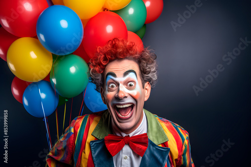 Funny smiling clown with multicolored balloons. April fools' day celebration concept. Birthday party concept © Ирина Старикова