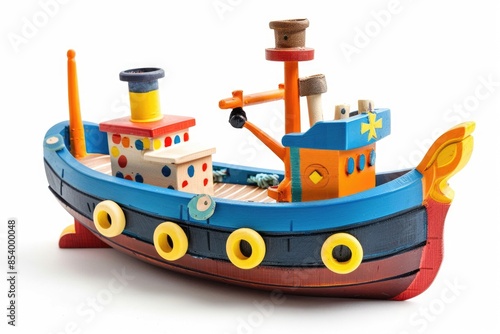 Childrens toy ship with a captain isolated on white background. Clipping Path