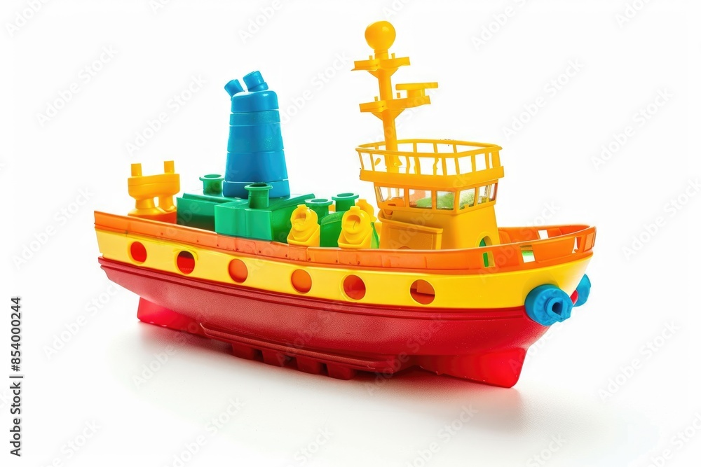Obraz premium Colorful plastic ship toy on white background.