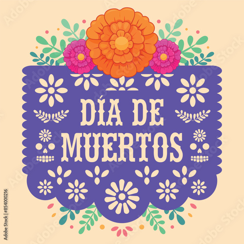 Papel picado día de muertos con cempasúchil México