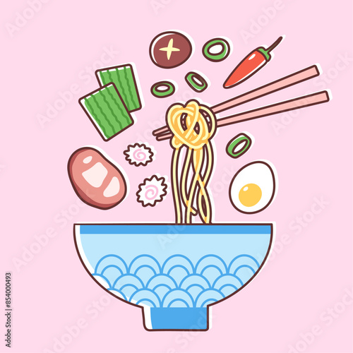 Bowl of ramen noodles with meat, egg, seaweed, chili and scallions. Vector illustration of tasty Asian dish in trendy colorful style.