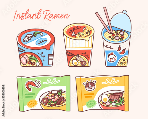 Instant noodles in colorful packaging. Vector illustration of ramen cups and packages. Chicken, beef, seafood and vegetable flavors. Asian food products in cute flat style.