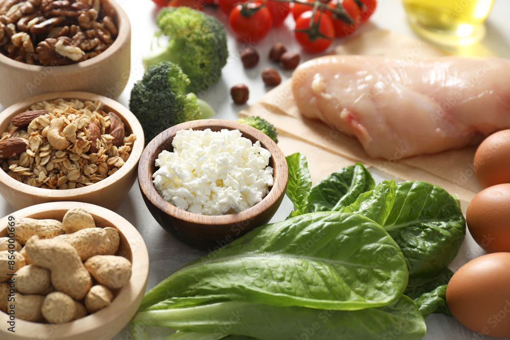 Many different healthy food on table, closeup Many different healthy food on table, closeup