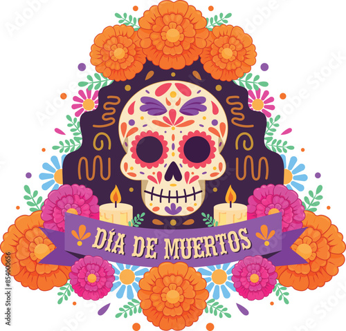 Día de muertos, altar con cempasúchil, velas y calavera pintada México
