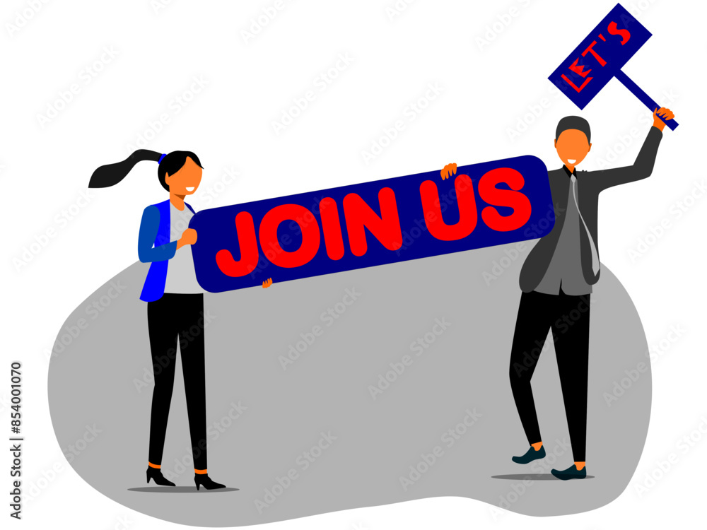 Vector illustration, two people boy and girl are holding a banner with ...