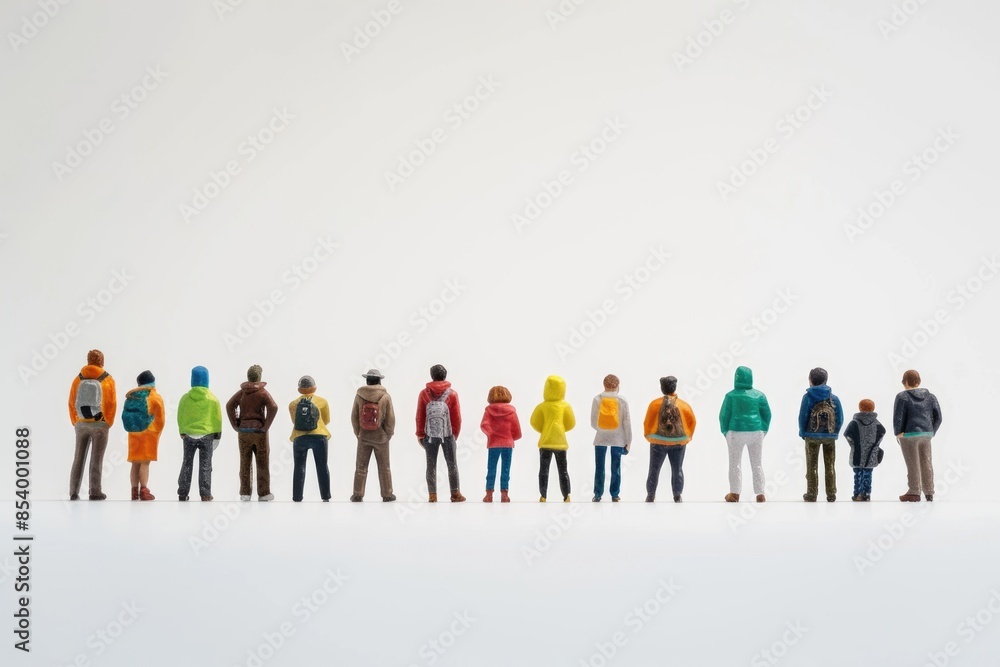Group of miniature people over white background standing in line or circle. Group of miniature people over white background standing in line or circle.